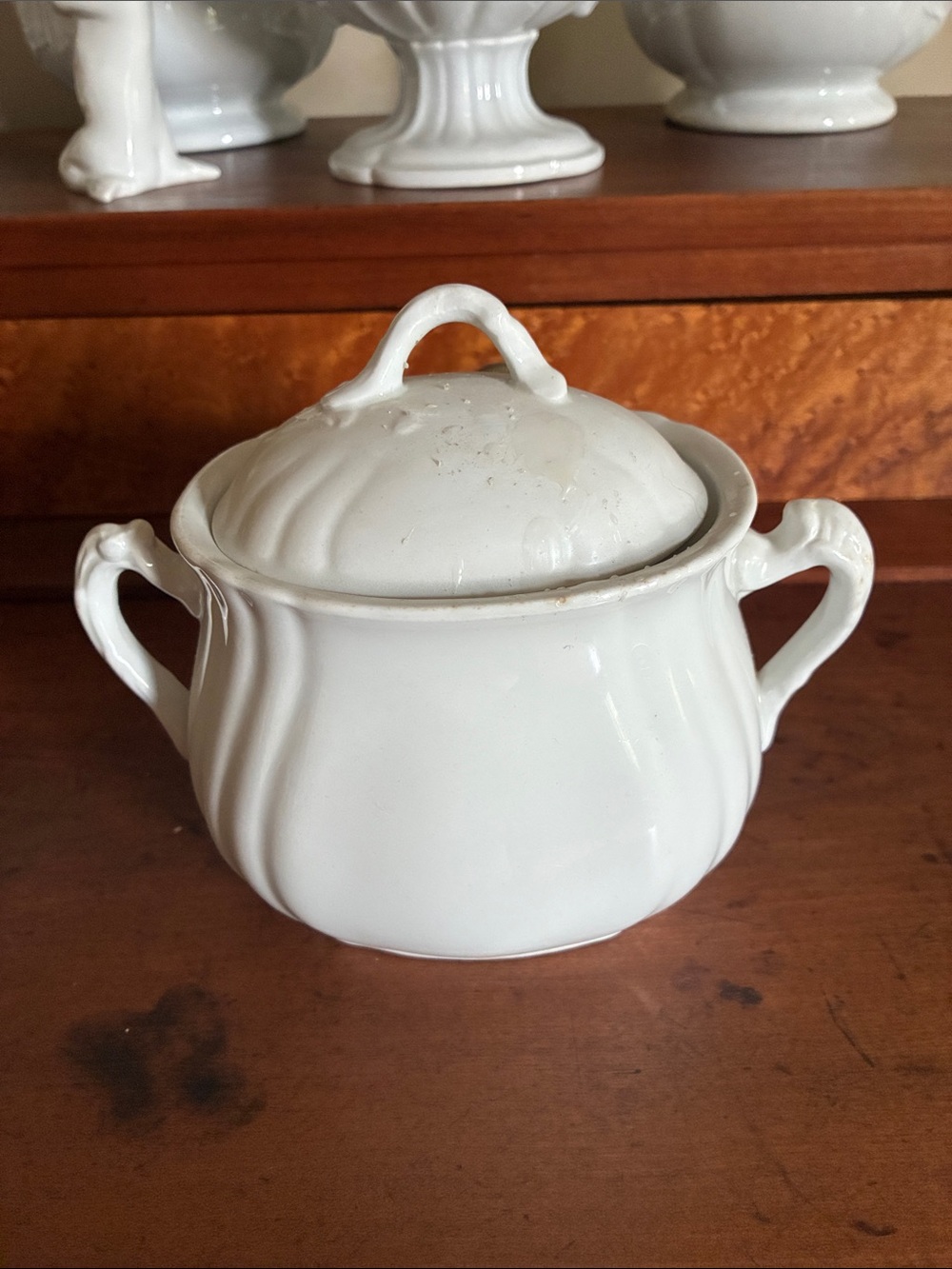 Vintage Ironstone White Covered Sugar Bowl with Handles